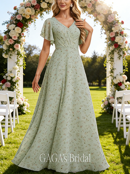 New Arrival A-line Elegant V-Neck Floor-Length Chiffon Bridesmaid Dress With Ruffle