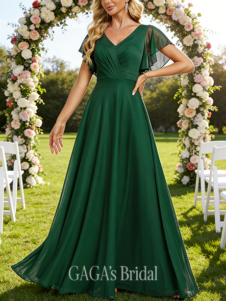 New Arrival A-line Light V-Neck Floor-Length Mesh Bridesmaid Dress With Ruffle