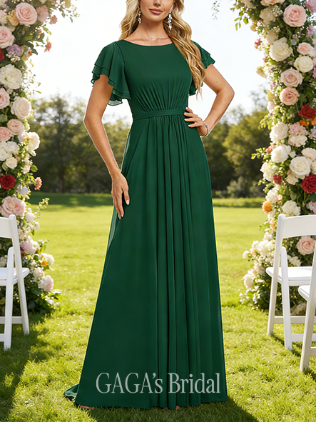 New Arrival A-line Lovely Scoop Floor-Length Mesh Bridesmaid Dress With Ruffle