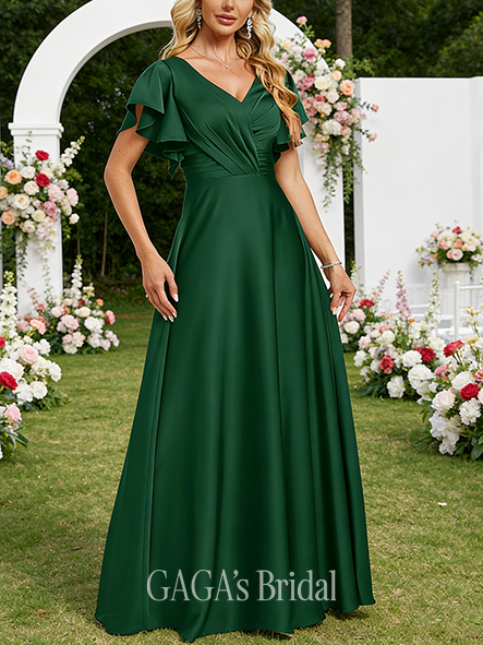 New Arrival A-line Rich V-Neck Floor-Length Matte Satin Bridesmaid Dress With Ruffle