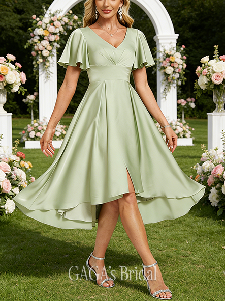 Under $100 A-line Dramatic V-Neck Asymmetrical Matte Satin Bridesmaid Dress With Ruffle