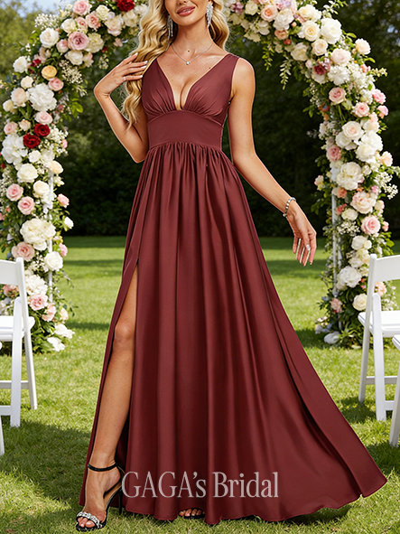 A-line Smooth V-Neck Floor-Length Matte Satin Bridesmaid Dress