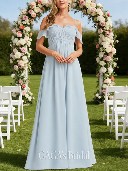 New Arrival A-line Bright Cold Shoulder Floor-Length Chiffon Bridesmaid Dress With Ruffle