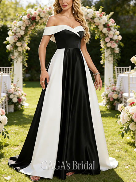 A-line Majestic Off the Shoulder Floor-Length Satin Bridesmaid Dress With Black and White