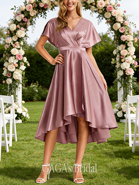 Maternity Friendly A-line Streamlined V-Neck Asymmetrical Stretch Satin Bridesmaid Dress