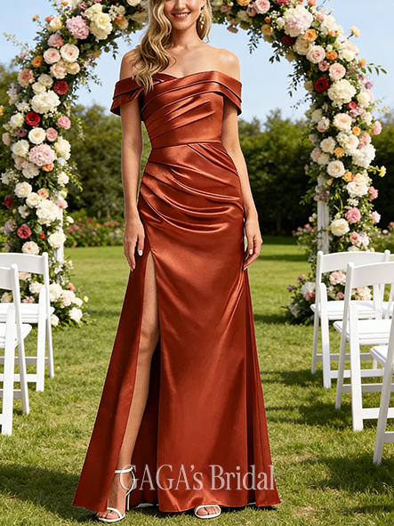 Junior A-line Cozy Off the Shoulder Floor-Length Stretch Satin Bridesmaid Dress