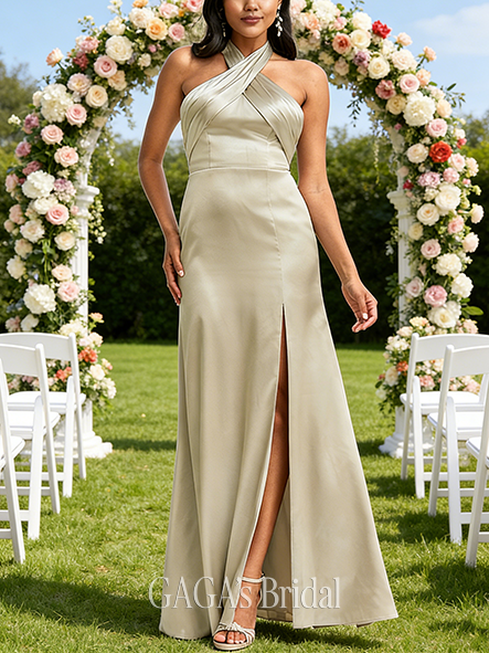 Under $100 A-line Tailored Halter Floor-Length Stretch Satin Bridesmaid Dress With Ruched