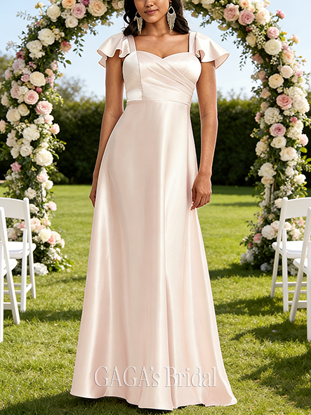 New Arrival A-line Cute V-Neck Floor-Length Stretch Satin Bridesmaid Dress With Bow