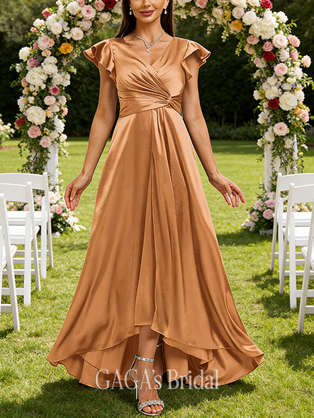 A-line Modern V-Neck Asymmetrical Stretch Satin Bridesmaid Dress With Ruffle