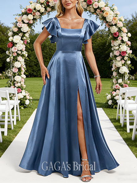 Under $100 A-line Elastic Square Floor-Length Stretch Satin Bridesmaid Dress With Ruffle
