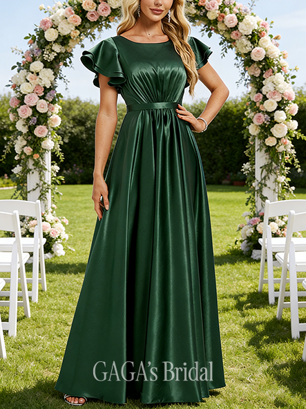 New Arrival A-line Sweet Scoop Floor-Length Stretch Satin Bridesmaid Dress With Ruffle