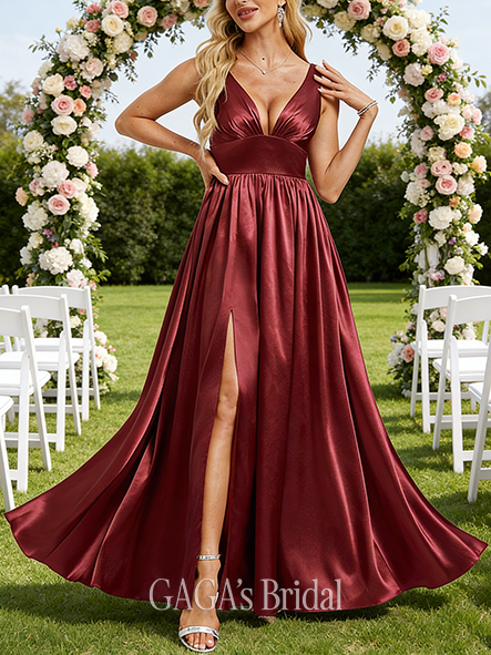 Under $100 A-line Luxe V-Neck Floor-Length Stretch Satin Bridesmaid Dress