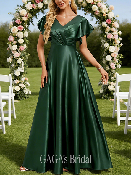 New Arrival A-line Cozy V-Neck Floor-Length Stretch Satin Bridesmaid Dress With Ruffle