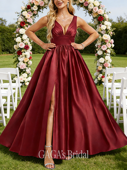 Plus Size A-line Opulent V-Neck Floor-Length Satin Bridesmaid Dress