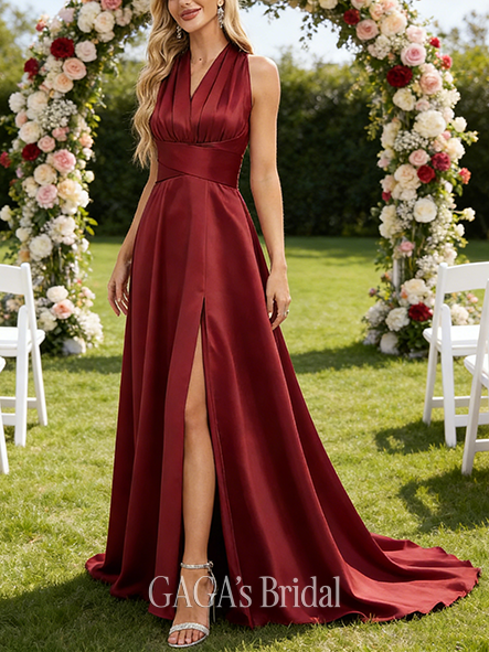 Plus Size A-line Dazzling Halter One Shoulder V-Neck Floor-Length Satin Bridesmaid Dress