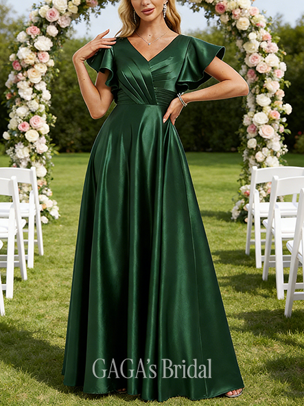Plus Size A-line Stunning V-Neck Floor-Length Satin Bridesmaid Dress With Ruffle