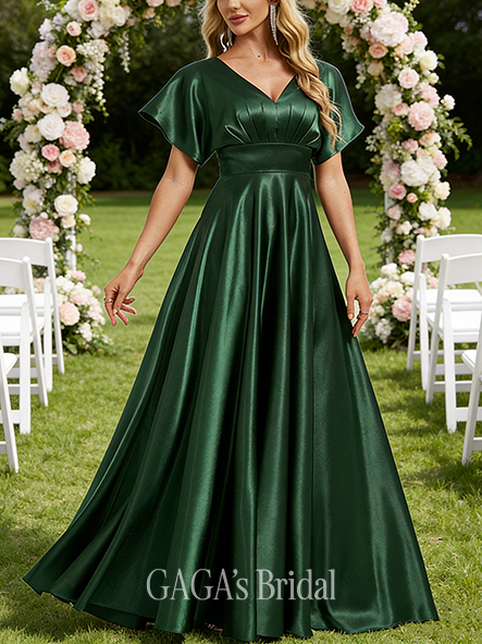 Maternity Friendly A-line Smooth V-Neck Floor-Length Stretch Satin Bridesmaid Dress
