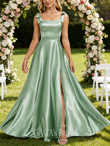 Maternity Friendly A-line Structured Square Floor-Length Stretch Satin Bridesmaid Dress With Bow Pleated