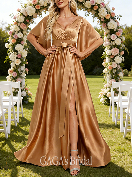 New Arrival A-line Elastic V-Neck Floor-Length Stretch Satin Bridesmaid Dress