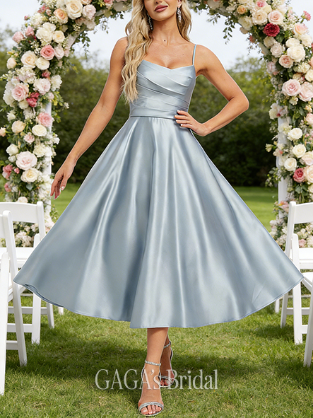 New Arrival A-line Lively V-Neck Tea-Length Satin Bridesmaid Dress