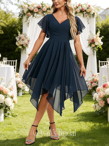 New Arrival A-line Modern V-Neck Asymmetrical Chiffon Bridesmaid Dress With Ruffle