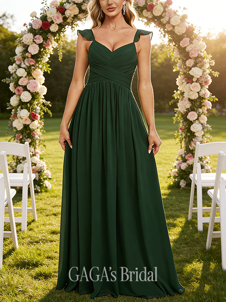 A-line Fantasy V-Neck Floor-Length Chiffon Bridesmaid Dress With Ruffle
