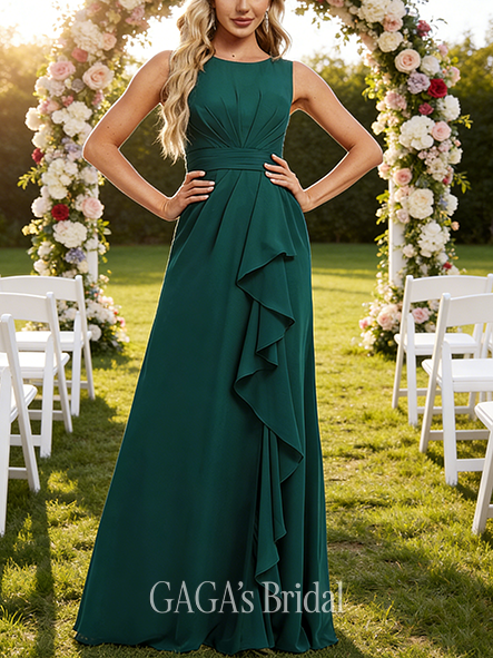 A-line Attractive Scoop Floor-Length Chiffon Bridesmaid Dress With Ruffle