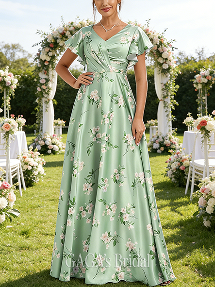 A-line Beautiful V-Neck Floor-Length Matte Satin Bridesmaid Dress With Ruffle