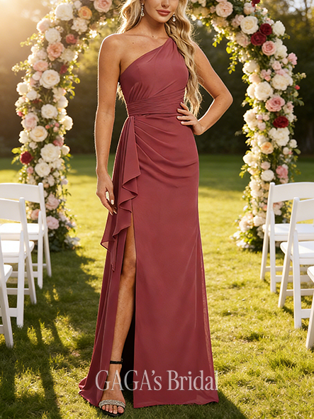 Junior A-line Striking One Shoulder Floor-Length Chiffon Bridesmaid Dress With Ruffle Black and White