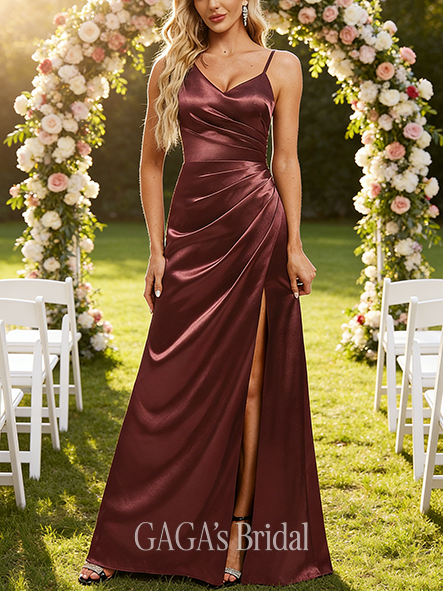 Junior A-line Streamlined Asymmetrical Floor-Length Stretch Satin Bridesmaid Dress
