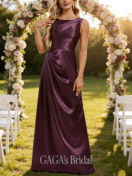 Junior A-line Majestic Boat Neck Floor-Length Stretch Satin Bridesmaid Dress