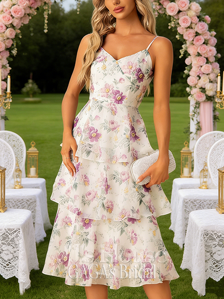 Short A-line Playful V-Neck Tea-Length Chiffon Bridesmaid Dress With Cascading Ruffles Floral Print