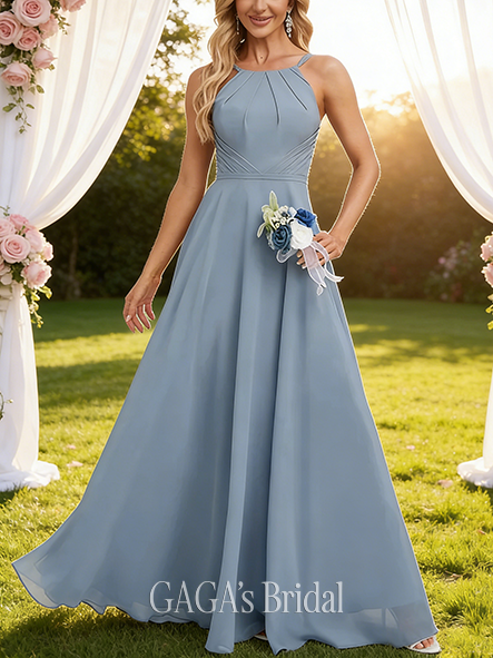Plus Size A-line Airy Halter Floor-Length Chiffon Bridesmaid Dress