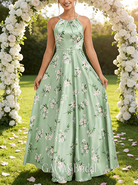 A-line Graceful Halter Floor-Length Matte Satin Bridesmaid Dress