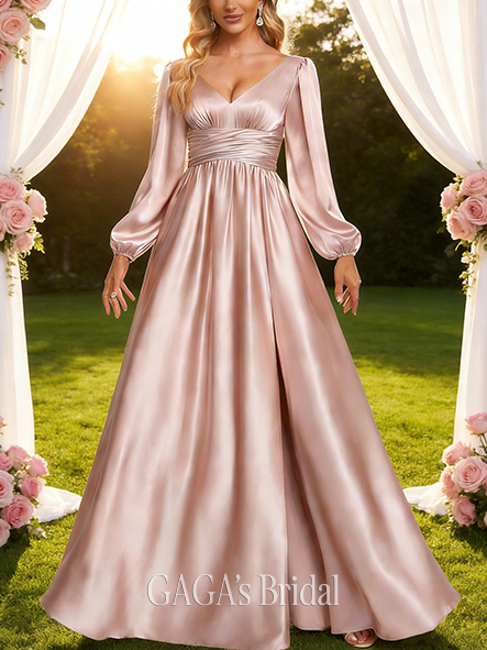 New Arrival A-line Smooth V-Neck Floor-Length Stretch Satin Bridesmaid Dress