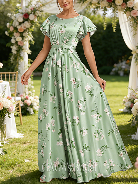 A-line Beautiful Scoop Floor-Length Matte Satin Bridesmaid Dress With Ruffle