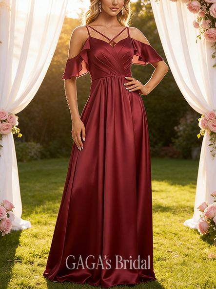 Maternity Friendly A-line Bright Cold Shoulder Floor-Length Chiffon Bridesmaid Dress With Ruffle