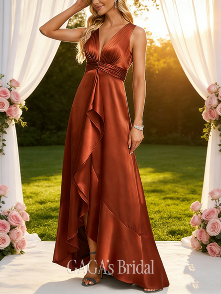 Junior A-line Dramatic V-Neck Asymmetrical Stretch Satin Bridesmaid Dress With Ruffle