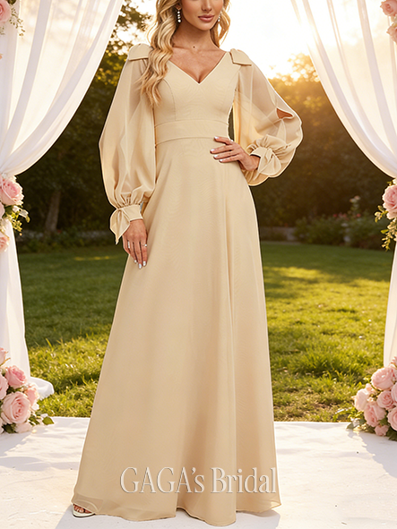 Maternity Friendly A-line Sweet V-Neck Floor-Length Chiffon Bridesmaid Dress With Bow