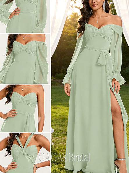 Plus Size A-line Stunning Halter Off the Shoulder Sweetheart V-Neck Floor-Length Chiffon Bridesmaid Dress With Ruffle