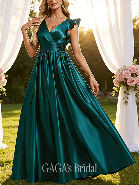 A-line Supple V-Neck Floor-Length Stretch Satin Bridesmaid Dress With Ruffle