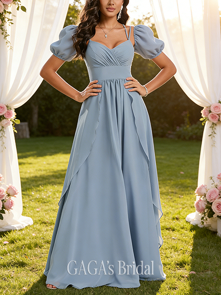 New Arrival A-line Celestial V-Neck Floor-Length Chiffon Bridesmaid Dress With Ruffle