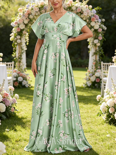 Under $100 A-line Wealthy V-Neck Floor-Length Matte Satin Bridesmaid Dress