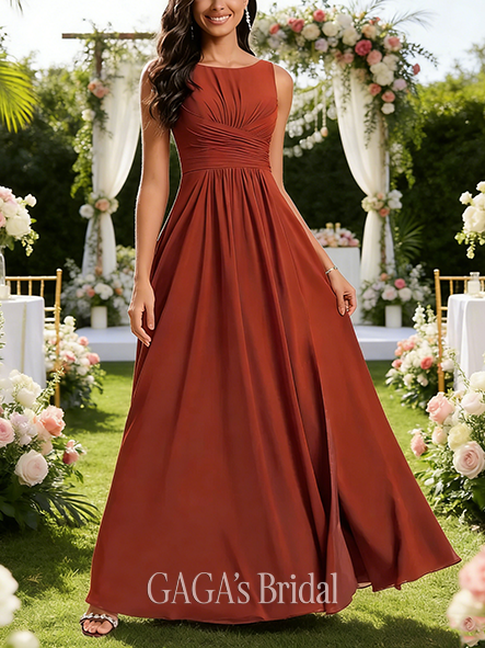 A-line Lovely Boat Neck Floor-Length Chiffon Bridesmaid Dress With Ruffle