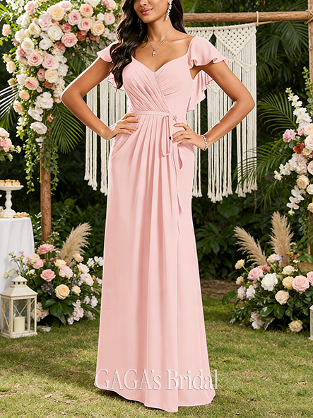 A-line Celestial V-Neck Floor-Length Chiffon Bridesmaid Dress With Ruffle