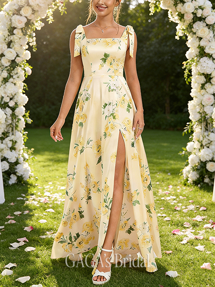 Under $100 A-line Fashionable Square Floor-Length Matte Satin Bridesmaid Dress With Bow