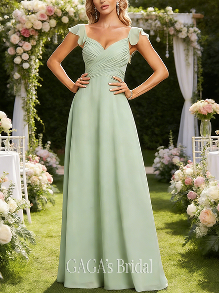 Maternity Friendly A-line Beautiful V-Neck Floor-Length Chiffon Bridesmaid Dress With Ruffle