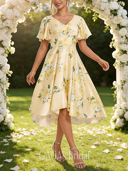 A-line Fashion V-Neck Asymmetrical Matte Satin Bridesmaid Dress With Ruffle