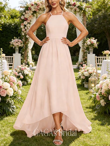 Maternity Friendly A-line Distinctive Halter Asymmetrical Chiffon Bridesmaid Dress With Ruffle