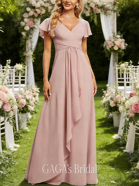 Under $100 A-line Amorous V-Neck Floor-Length Chiffon Bridesmaid Dress With Ruffle
